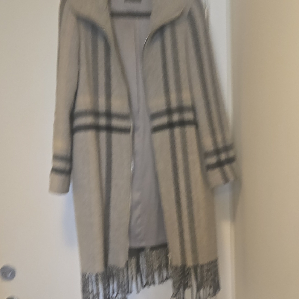 Club Monaco WOOL COAT with Fringe In Gray Plaid - Picture 3 of 4